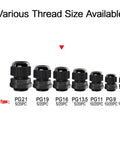PG16 Cable Glands Set, 20 Pack, Waterproof Adjustable Range 8.5 to 14mm, Nylon Joints With Gaskets, multiple thread sizes displayed