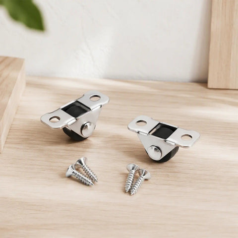 Eight Pack Of One Half Inch Rigid Caster Wheels With Compact Low Profile Design For Smooth Rolling On Desks And Furniture Includes Premium Hardware Pieces, featuring chrome wheels and metal screws.