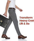 Man walking with black leather briefcase, wearing white shirt, grey pants, brown shoes, text reads 'Transform Heavy Crates. Lift & Go.'