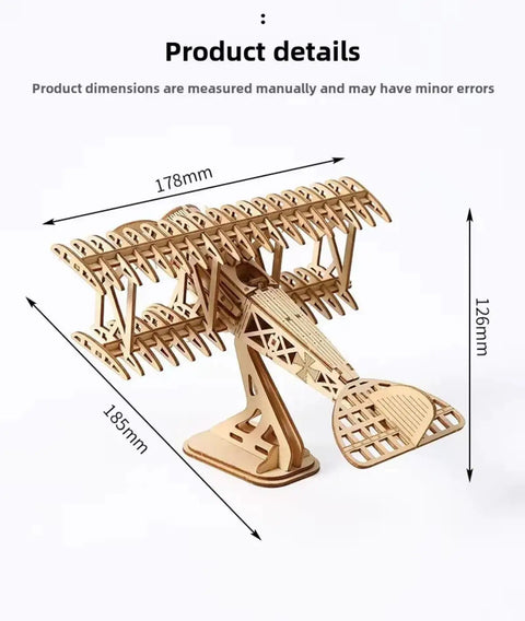 Adult 3D Wooden Jigsaw Puzzle Kit For DIY Craft Fans model of wooden biplane with detailed dimensions displayed.