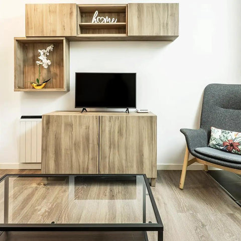 Living room with 24 Inch Square Glass Table Top 1/4 Inch Thick Tempered Replacement Glass, flat polished edge, furniture setup.