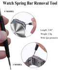 Watch Spring Bar Removal Tool in action on a metal wristwatch band, showing V model tool detail.
