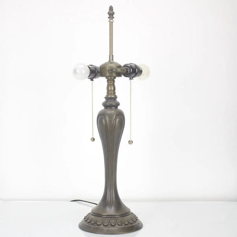 Antique green bronze base with pull chains for Tiffany Style Stained Glass Table Lamp With Red Rose Pattern, 22 Inch Tall, UL Listed.