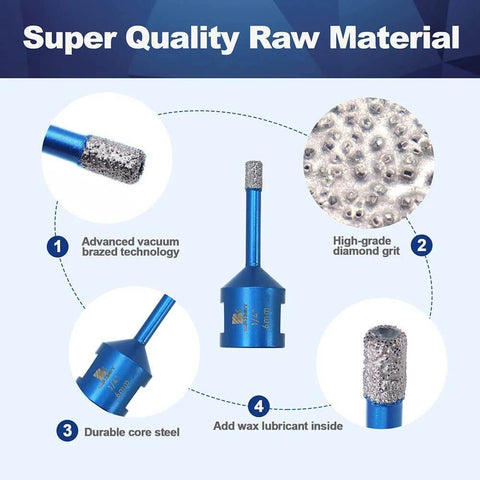 Front view: blue vacuum-brazed diamond core drill bit for tile; 1/4 in (6 mm) diameter, 5/8-11 thread; 2-piece set.