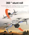 8K Aerial Drone With 3 Cameras performing 360 degree stunt roll in flight over a landscape with instruction graphics