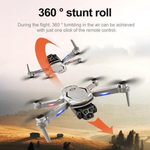 8K Aerial Drone With 3 Cameras performing 360 degree stunt roll in flight over a landscape with instruction graphics