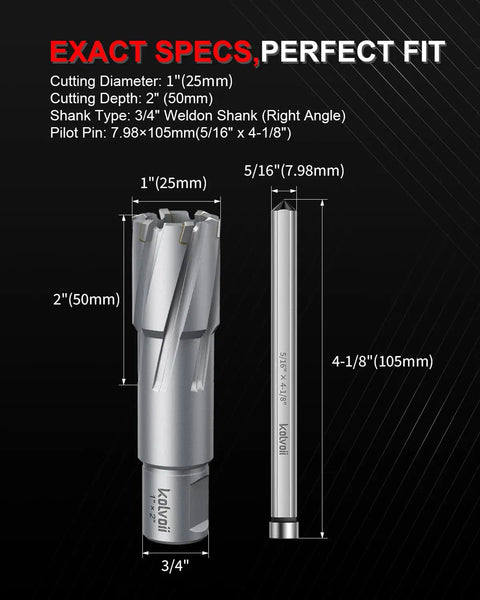 Heavy Duty TCT Annular Cutter 1 Inch Diameter With 2 Inch Depth Of Cut Magnetic Drill Bit Kit dimensions and pilot pin details.