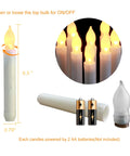 12 Pack Flameless Led Taper Candles No Remote Hanging Floating Candles Battery Operated Candlesticks Electric Flickering 6.5 Inches For Halloween Parties Church Christmas Decor Great Vibe product features diagram with candle size and battery details shown.