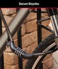 Set Your Own Four Digit Combination Bike Lock with Braided Steel Cable and Weather Resistant Vinyl Coating securing a bike