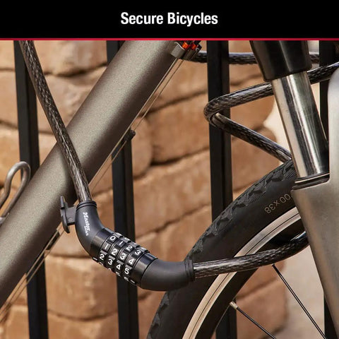 Set Your Own Four Digit Combination Bike Lock with Braided Steel Cable and Weather Resistant Vinyl Coating securing a bike