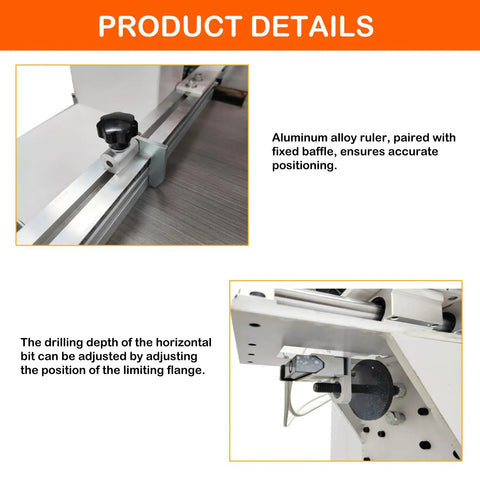 Heavy-Duty Pneumatic Hinge Boring And Drilling Machine for Woodworking, showing aluminum alloy ruler and drill flange adjustment.