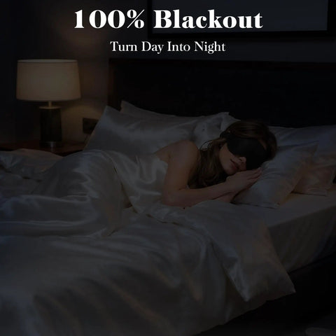 Person sleeping with black 3D Eye Mask For Sleep And Travel For Men And Women, 100 Percent Pressure Free Contoured Eye Pockets