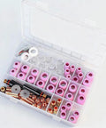100 Piece TIG Welding Torch Kit With Glass Cup And Stubby Gas Lens For WP 17 18 26 Torches neatly organized in a clear box