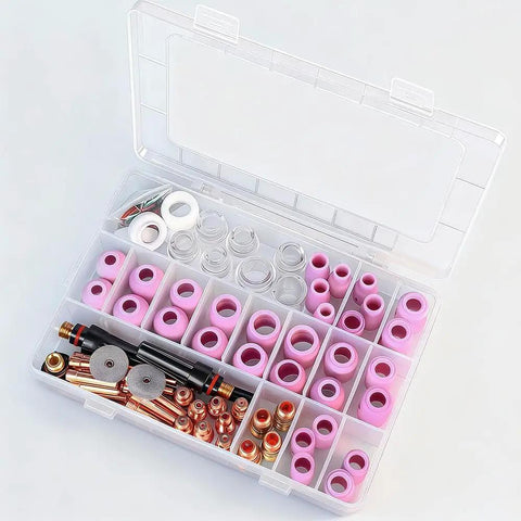 100 Piece TIG Welding Torch Kit With Glass Cup And Stubby Gas Lens For WP 17 18 26 Torches neatly organized in a clear box