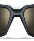 Ballistic Rated Safety Glasses Featuring Matte Graphite Grey Frame And Tungsten Mirror Lenses, front view with dark lenses.