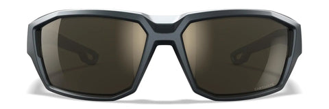 Ballistic Rated Safety Glasses Featuring Matte Graphite Grey Frame And Tungsten Mirror Lenses, front view with dark lenses.