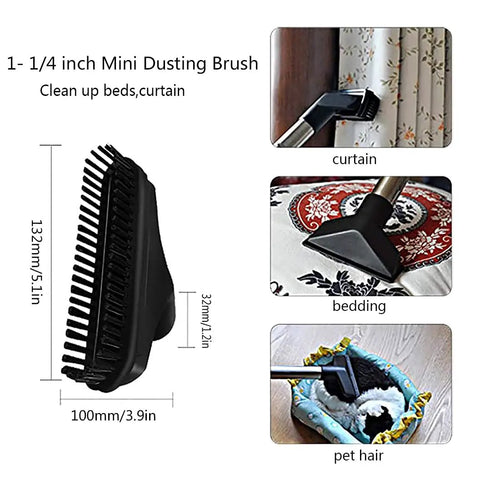 1.25 Inch Vacuum Attachment Kit with Horsehair Brushes, shown dusting curtains, bedding, and cleaning pet hair, with dimension details.