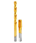 Rugged M2 HSS 1/8-27 NPT Pipe Tap And R Drill Bit Set With Titanium Plating, shown side by side, gold titanium finish visible.