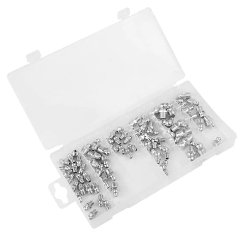 Open case displaying All In One 70 Piece SAE Grease Fittings Kit Zinc Plated Steel Zerk Fittings Assortment with 1/4 and 1/8 inch fittings