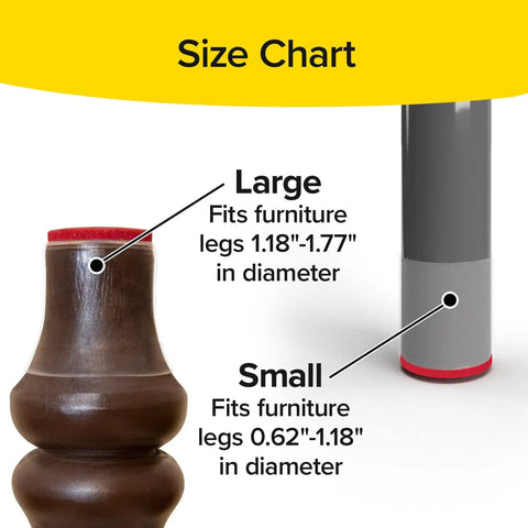 Size chart showing Ruby Sliders Chair Leg Covers For Furniture Protect Hardwood And Tile Floors From Scratches Fits Most Leg Sizes