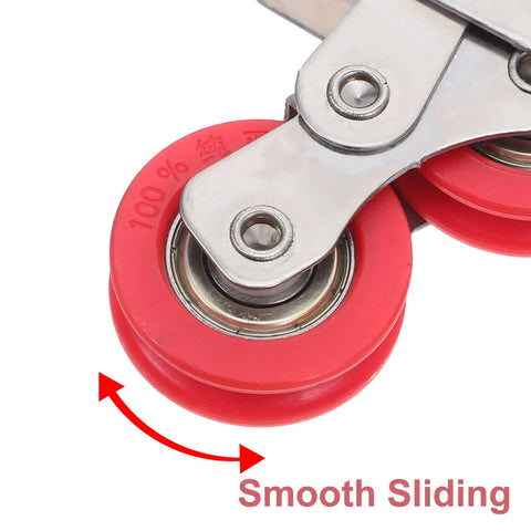 Heavy Duty Sliding Door Roller With Dual Nylon Wheels And Tough As Nails Stainless Steel Core close-up showing smooth sliding mechanism.