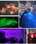 Pond Lights Color Changing Underwater RGB Lit Spotlight Kit IP68 Waterproof Submersible Fountain Lights illuminating various outdoor settings with 16 colors and 36 LEDs visible in different environments.