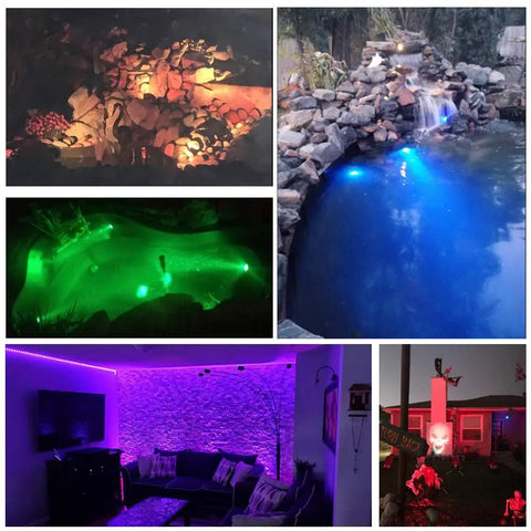 Underwater Pond Spotlight Set Of 10 With 36 LED Bulbs IP68 Waterproof Lights illuminating ponds, fountains, and garden landscapes in 16 colors.