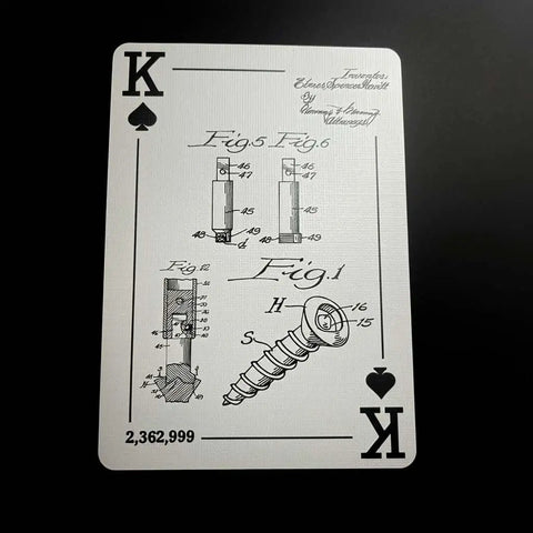 King of Spades card from Gearhead Approved Engineering Drawing Playing Cards For Engineers Gift Set with patent art of screw design.