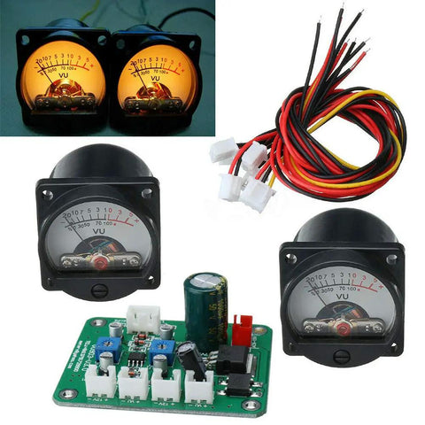 Dual Channel VU Meter Panel With Warm Back Light For Recording And Audio Level Monitoring, Driver Board Included, L GND R Input Terminals For Left Right Channels, 12V 15V Power Supply Ready, Smooth Gain Readouts For DJs And Producers. VU meters, driver board, and wiring kit
