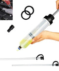 Smooth Operator Manual Oil Extractor Pump 200Cc in hand, transparent body, dual suction tubes for fluid extraction.
