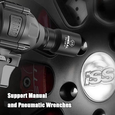 Heavy Duty Three Quarter Inch Drive Socket Set, 21 Piece Impact Ready Kit in use with wrench on a tire bolt