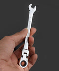 Ratchet Spanner Set Chrome Vanadium Steel Wrench Kit For Car Repair And Home Garage Hand Tool Set And Key Set Blue Finish Durable Chrome Spanners For Tight Spaces And Quick Adjustments in hand, showing chrome finish and flexible head.
