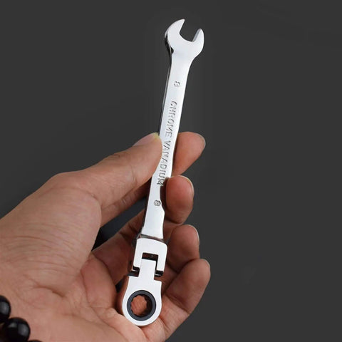 Ratchet Spanner Set Chrome Vanadium Steel Wrench Kit For Car Repair And Home Garage Hand Tool Set And Key Set Blue Finish Durable Chrome Spanners For Tight Spaces And Quick Adjustments in hand, showing chrome finish and flexible head.