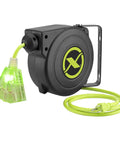 Retractable 25 Ft Extension Cord Reel with 16/3 SJTOW Oil Resistant Cable, lighted triple tap outlet on weatherproof reel.
