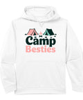 Family Camping Hoodie For Campers And RV Lovers with 'Camp Besties' tents graphic, white cozy camp sweatshirt.