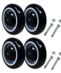 Heavy Duty Shopping Cart Wheels Set Five Inch Diameter One Point Two Five Inch Width Three Eighths Bore Polyurethane Wheel With Rust Resistant Core 1400 Pound Total Load Capacity Four Pack Black And Grey, screws and nuts included.