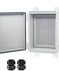 Outdoor Electrical Box Enclosure With Clear Hinged Cover IP67 Waterproof ABS Project Box open showing inside and cable glands