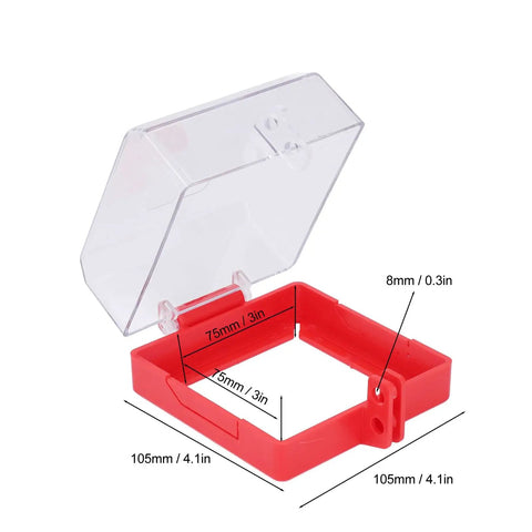Clear Emergency Stop Button Lockout Cover With Hinged Design And Mounting Kit, transparent shield, open with dimensions.