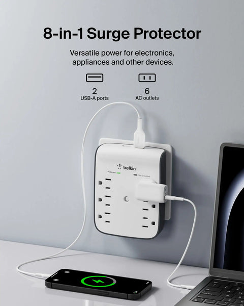 6 Outlet Wall Surge Protector With 2 USB A Ports, Wall Mountable Power Hub For Home Office Travel in use charging devices