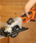 Compact Cordless Mini Circular Saw 20V Battery Powered With Blazing 3400 RPM Motor held above a wooden surface for DIY projects.