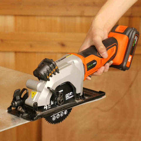 Compact Cordless Mini Circular Saw 20V Battery Powered With Blazing 3400 RPM Motor held above a wooden surface for DIY projects.