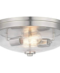 Round Two Light Flush Mount Ceiling Light With Clear Glass Shade for hallways and bathrooms; brushed nickel finish