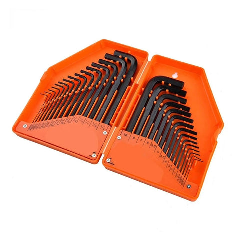 Premium Hex Key Allen Wrench Set 30 Pcs Long Arm Steel Handle SAE Metric Sizes 0.028 To 3/8 Inch And 0.7 To 10mm For Tightening Screws Home Repair DIY Projects Cool Dark Grey Tools in orange case