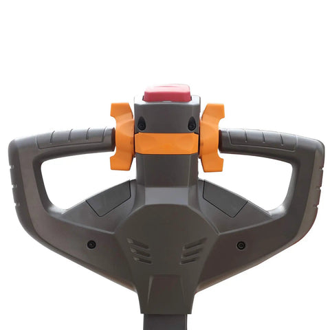 Heavy Duty Black Handle Rudder For Electric Pallet Jack Tiller Head Assy Upgrade, close-up view of control handles and button.