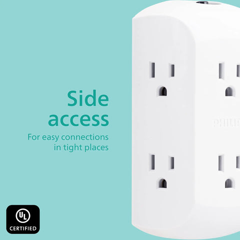 Space Saving Six Outlet Wall Tap Extender 2 Pack Grounded 3 Prong Outlets With Circuit Breaker And Reset Button Four Side Access Outlets Easy Install ETL Listed White