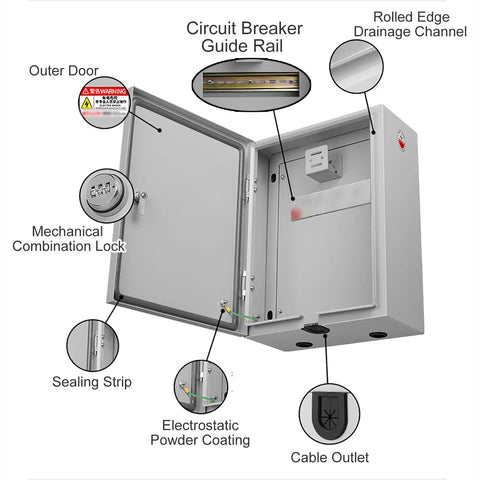 Badass Wall Mount EV Charger Cover And Outdoor Lock Box With Hardened Steel Shell showing outer door, lock, and drainage channel.