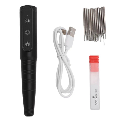 Cordless Rotary Tool Kit With USB Charging Three Speeds Electric Grinding Pen With 12 Attachments, charger, and accessories shown