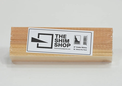 Hella Durable Kiln Dried Cedar Shims Bulk Case 420 Count Rot Resistant 8 Inch Fine Tip Wedges packed in a clear wrap.