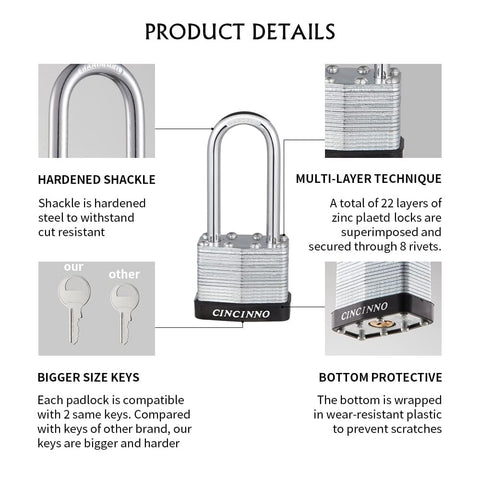 Product details of Six Pack Keyed Alike Laminated Steel Padlocks With Key Long Shackle 40mm Wide Body And 50mm Hardened Steel Shackle