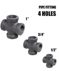 Black 4 Way Cross Pipe Fitting Connector For Furniture And Decor, Malleable Iron With Threaded Holes, 1/2 Inch and other sizes shown